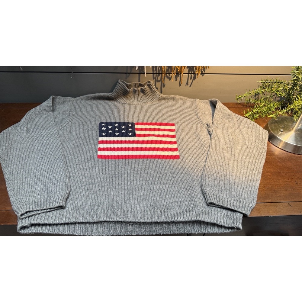 VTG Liz Claiborne Liz & Co Grey USA Flag Knit Cotton High Neck Woman's Size M